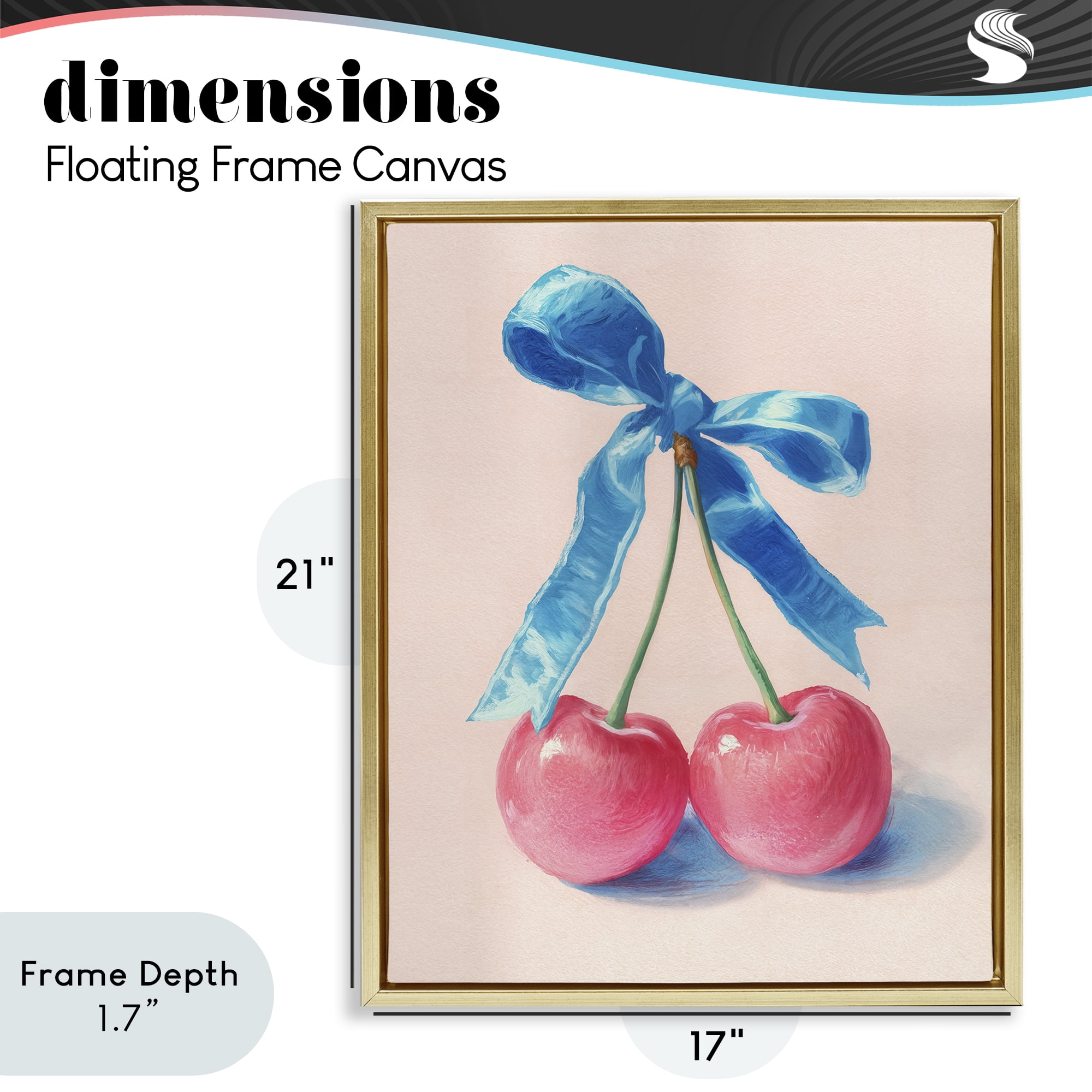 Stupell Industries Twin Cherries with Blue Ribbon Gold Framed Floater Canvas Wall Art, design by Imagine It Images