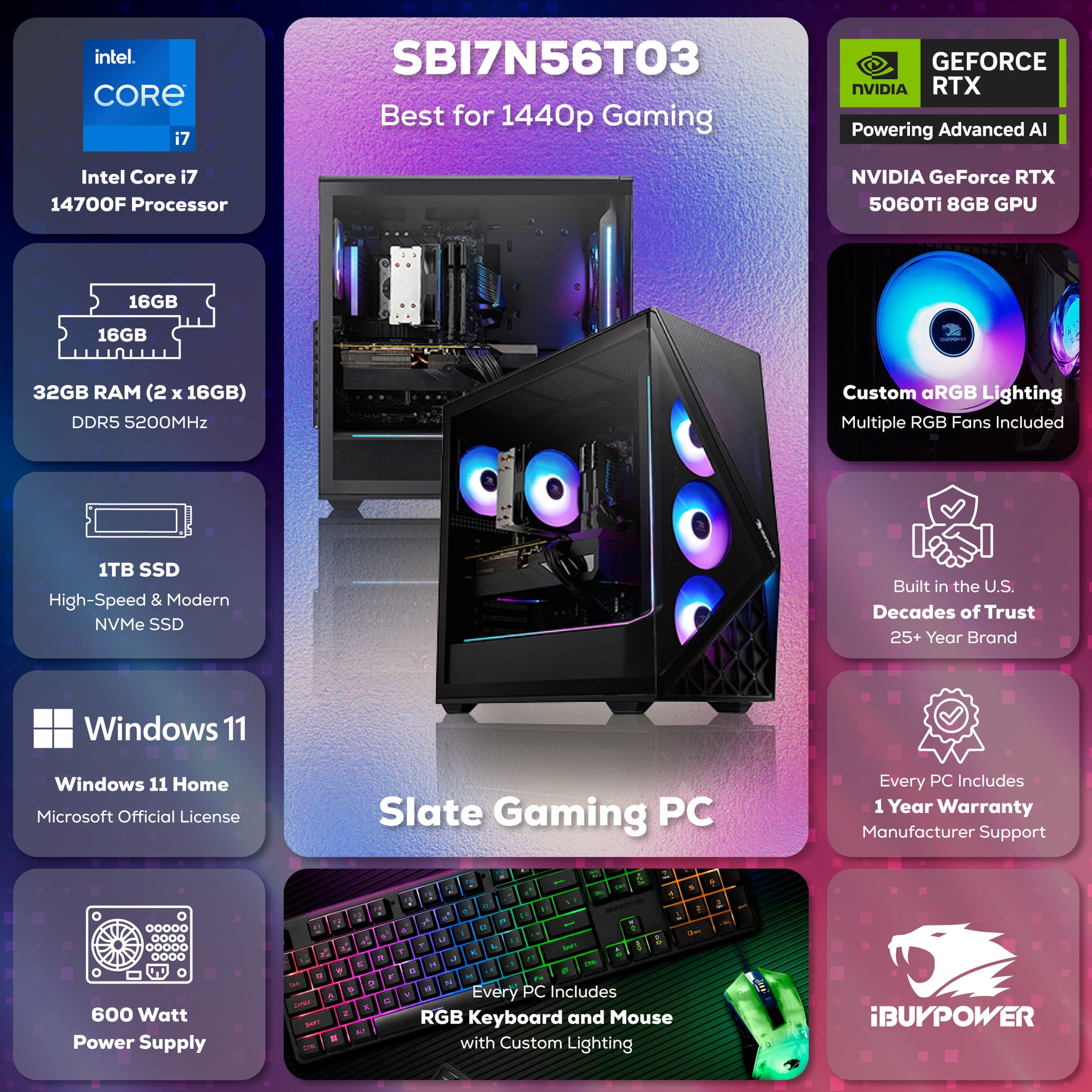 iBUYPOWER Slate Gaming Desktop - Intel Core i7 14700F, RTX 5060Ti