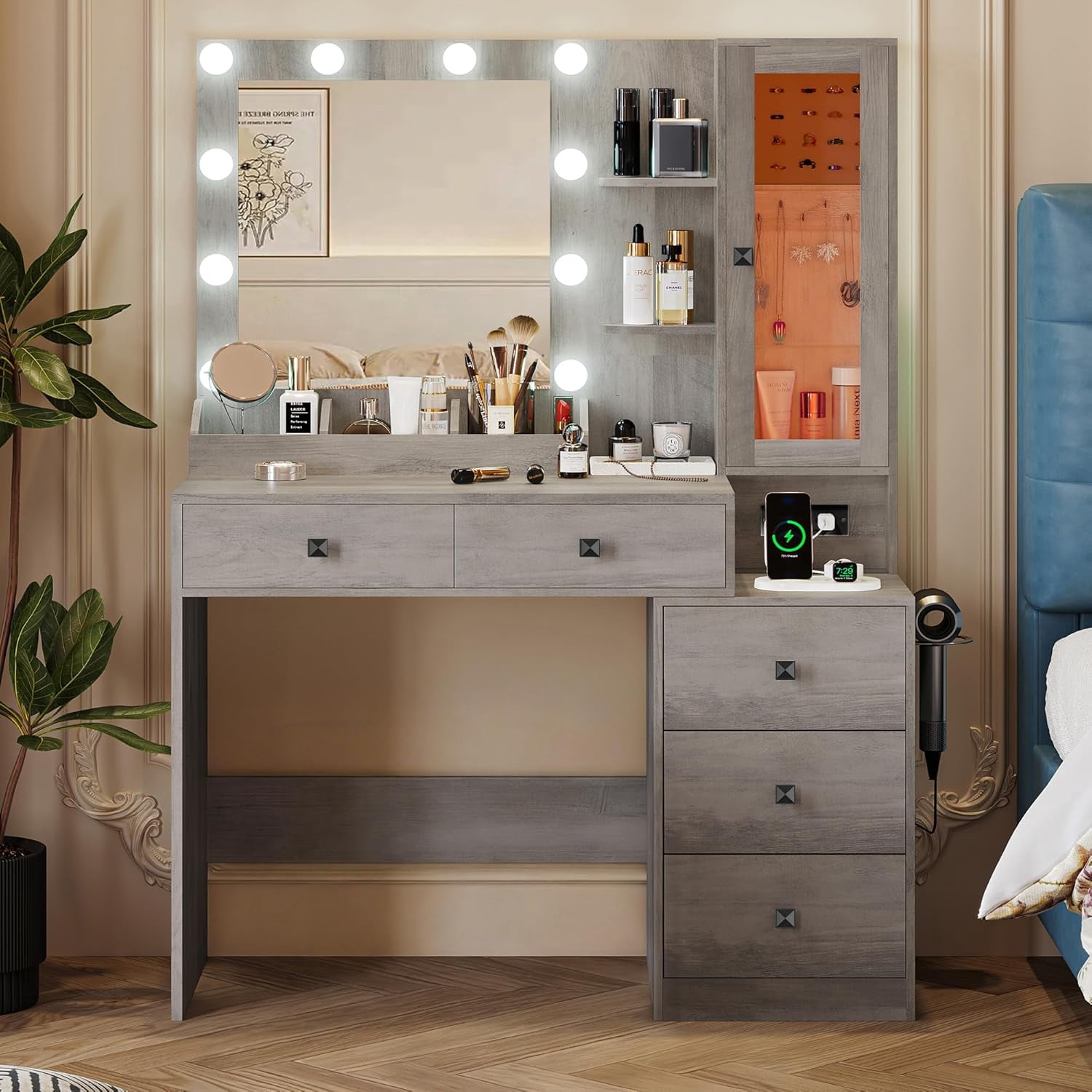 FANRAL Vanity Desk with RGB Ambient Light,LED Mirror & Charging Station,Small Dressing Table with Glass Cabinet & Ample Storage for Bedroom Grooming,Gray Vanity