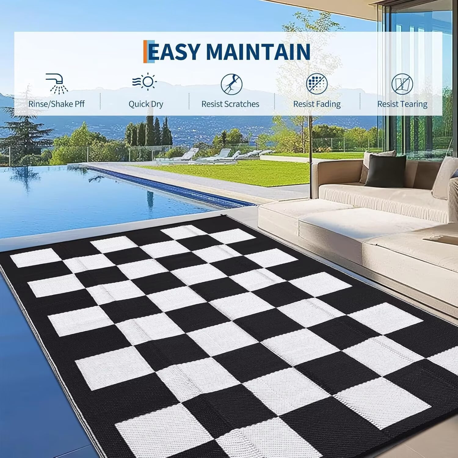 GlowSol 9'x12' Outdoor Rug Modern Checkerboard Plastic Straw Rug Waterproof Reversible Mat Outdoor Rug for Camping Patio Picnic, Black White