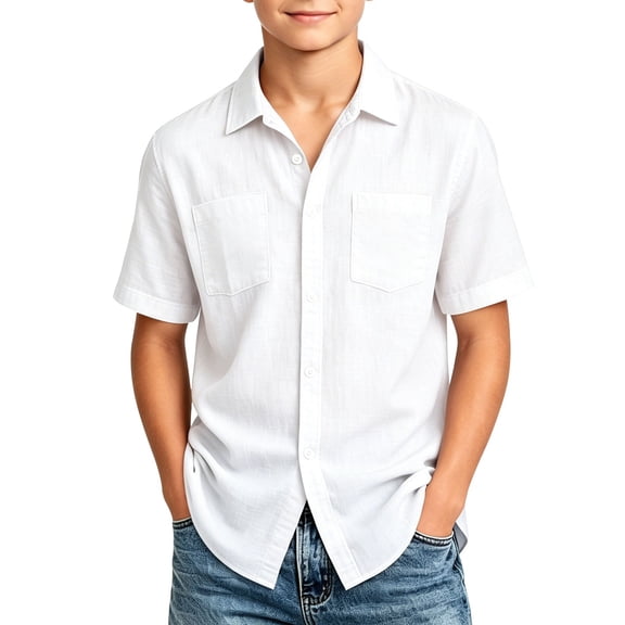 HAiming Boys School Shirts Summer Short Sleeve Collared Uniform Tee with Pockets Loose Casual Solid Color Blouses Outwear Kids Tops