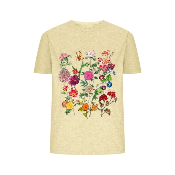 Blusas de Verano de las Mujeres Flor Impresa Cuello Redondo Manga Corta Superior, Verano Superior de las Mujeres