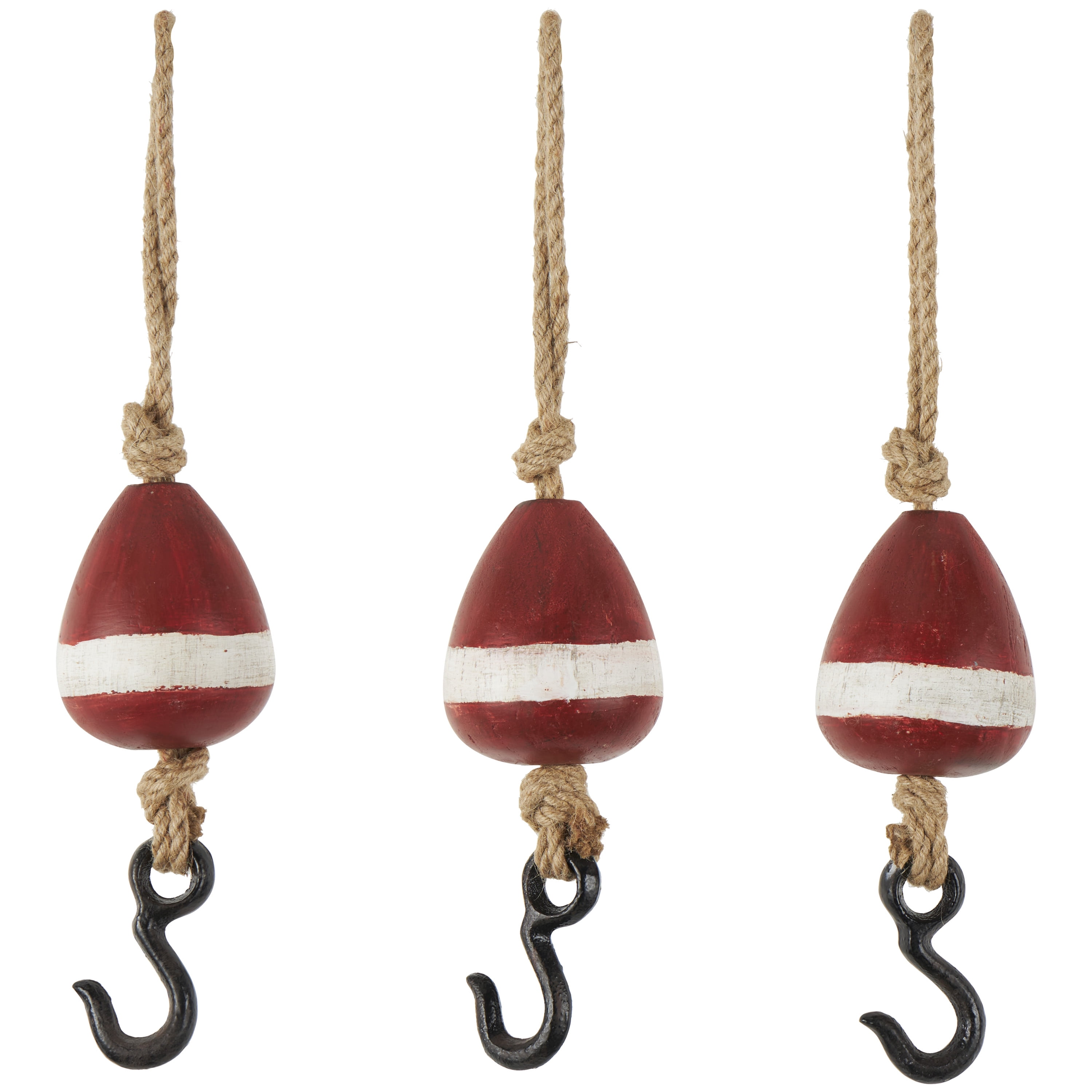 DecMode 3"W, 14"H Red Wood Buoy Wall Hook with Jute Rope and Metal Hook, 3-Pieces