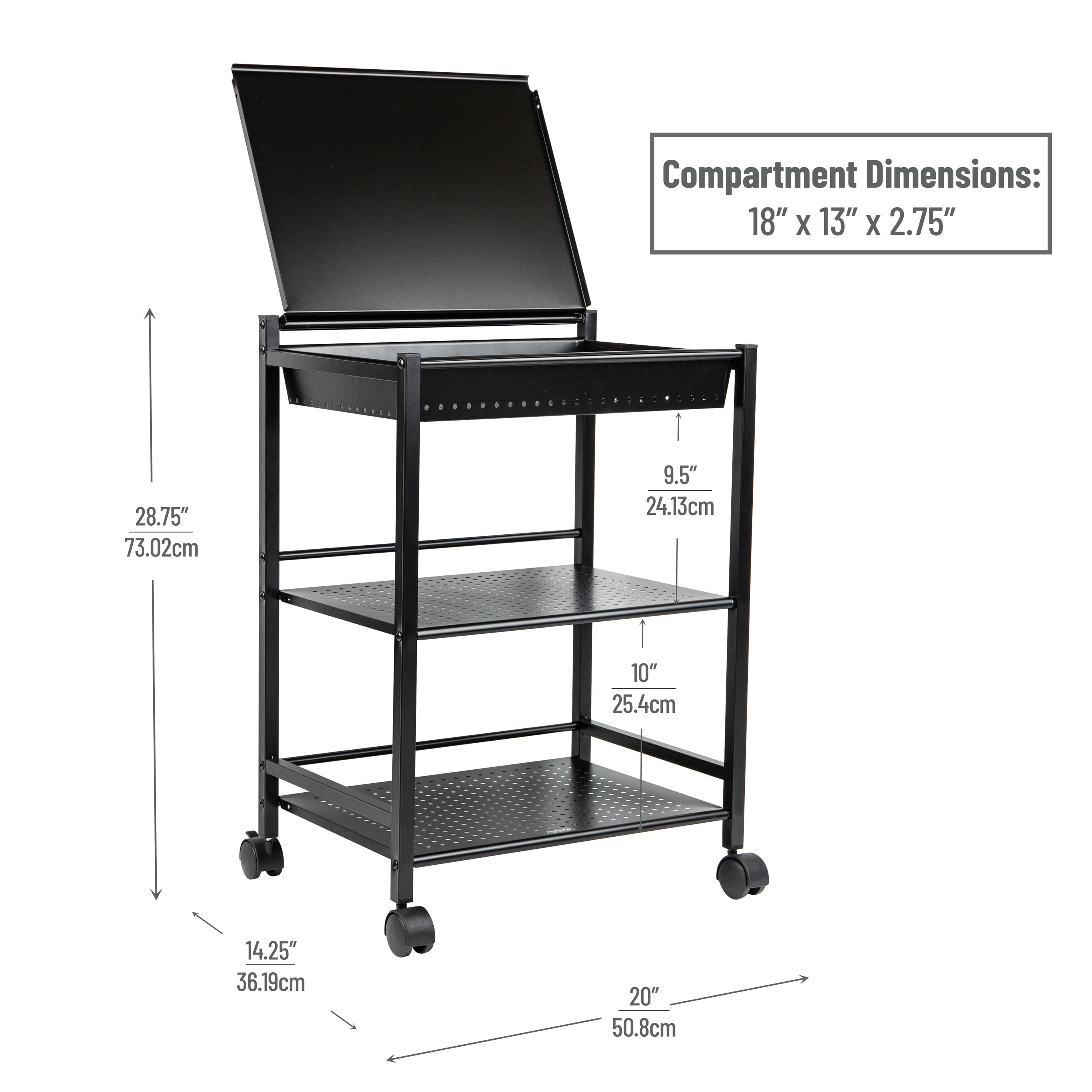 Mind Reader Cart with Covered Compartment, Office Organizer, Storage, 3-Tier, Office, Metal, Black