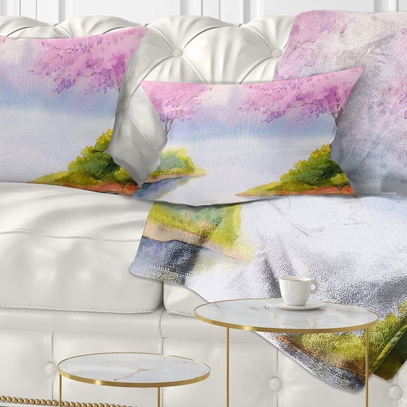 Designart Flowering Trees Over River - Landscape Printed Throw Pillow - 12x20