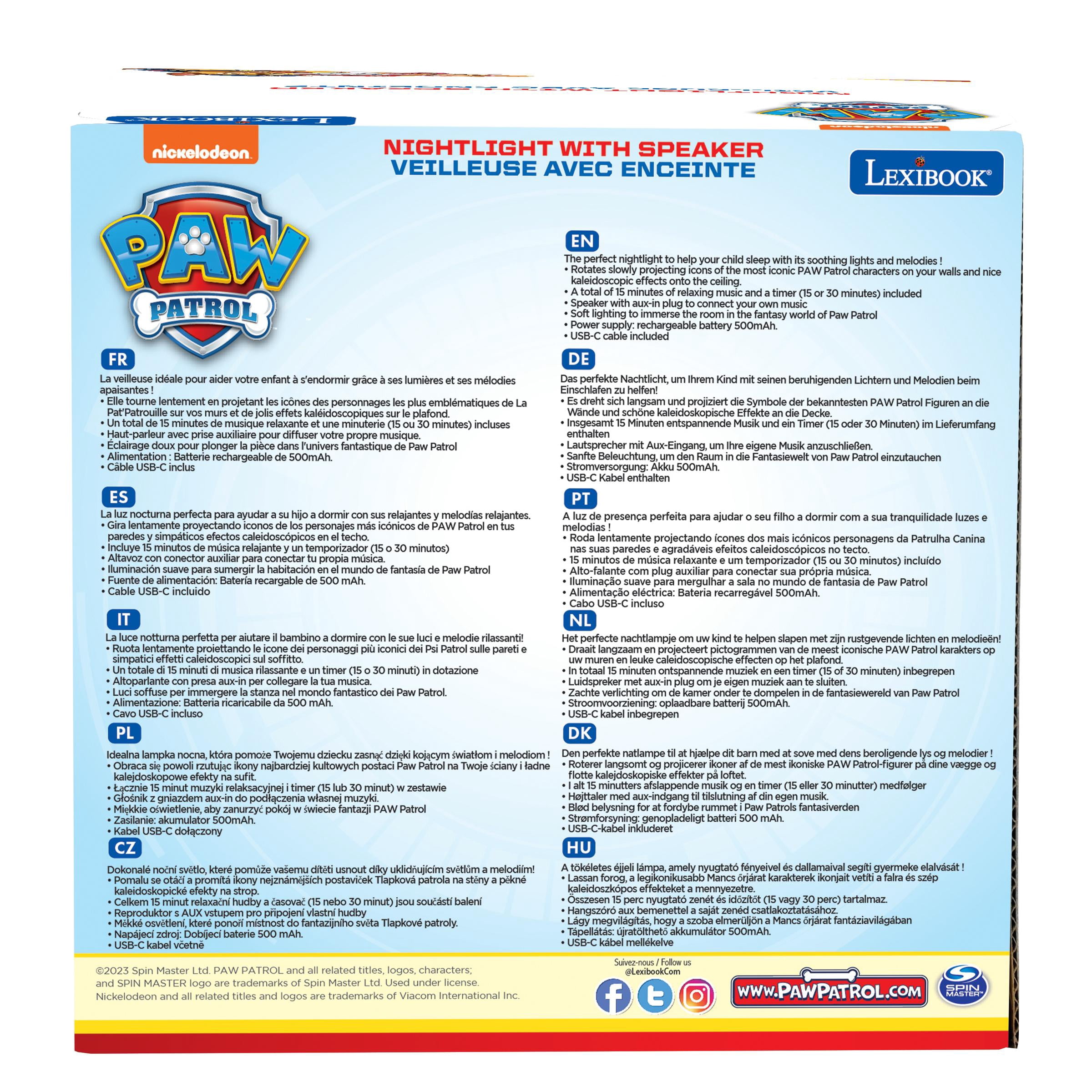 Lexibook, Paw Patrol, Nightlight with Speaker, Projections of the Paw Patrol Universe, Kaleidoscopic Lights on the Ceiling, Speaker with Auxiliary Plug, Rechargeable