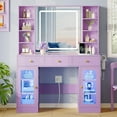 thumbnail image 2 of PUFFCAFE Makeup Vanity Desk with Mirror and Lights,Glass Top Vanity Table with RGB Cabinets,Large Dressing Table for Women Bedroom,Purple Vanity, 2 of 7