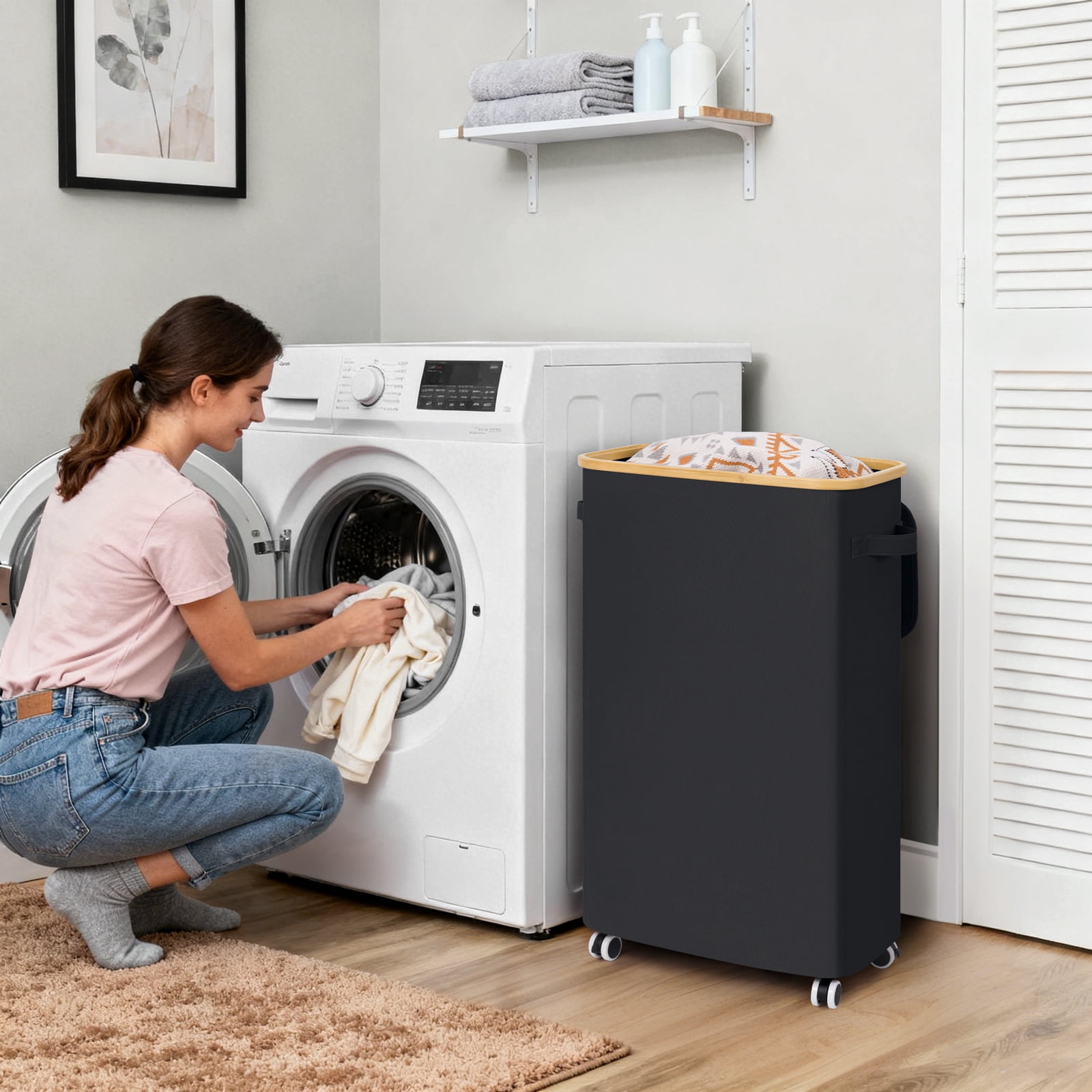 Slim Laundry Basket with Wheels,Freestanding Laundry Hamper with Lid&Bamboo Handles(75L Black)