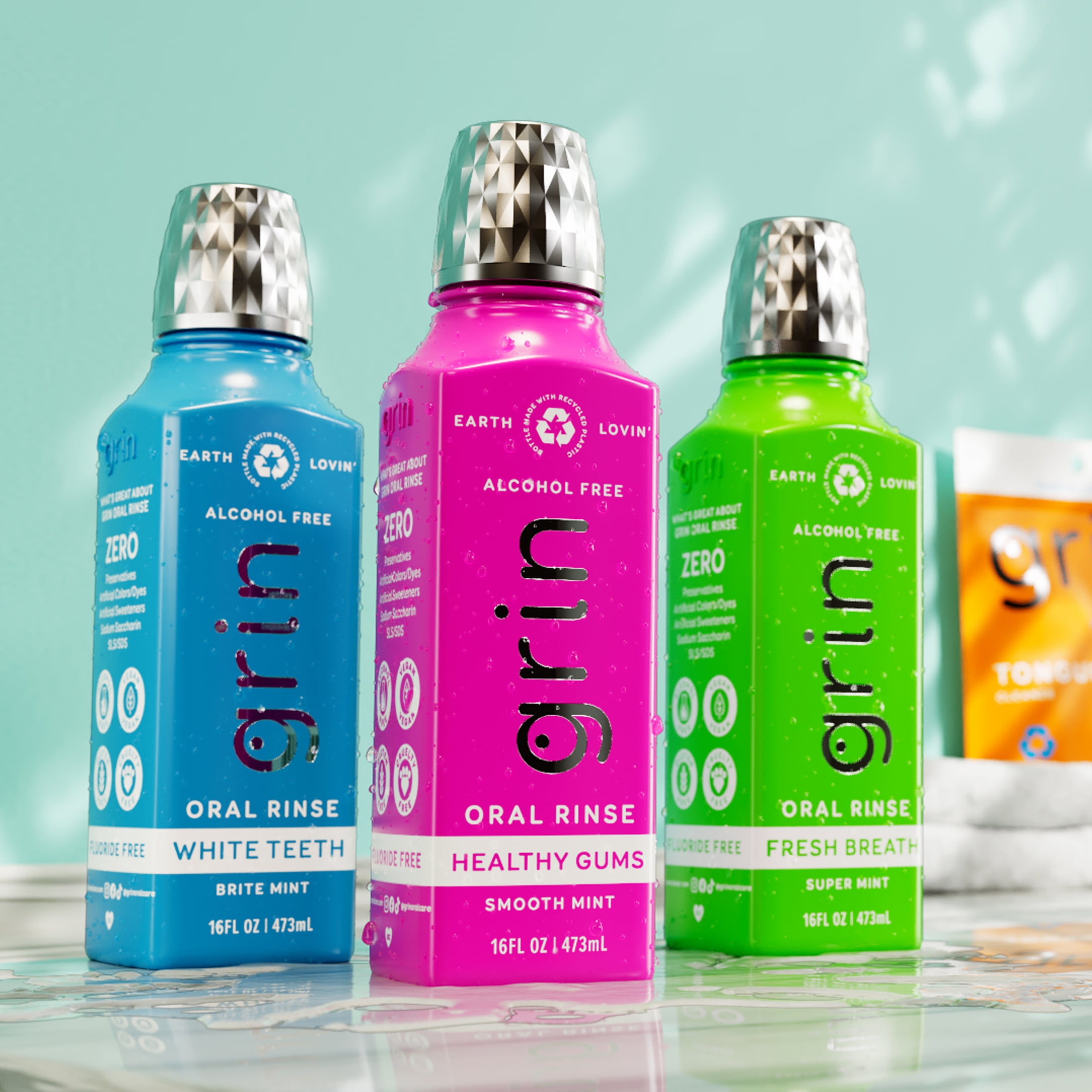 Grin White Teeth Oral Rinse - 16 oz - White Teeth Mouthwash, Mint Flavor, Alcohol-Free, Organic Ingredients, Coconut and Sea Salt, Aloe & Xylitol, Essential Oils, Bottle Made From Recycled Plastic