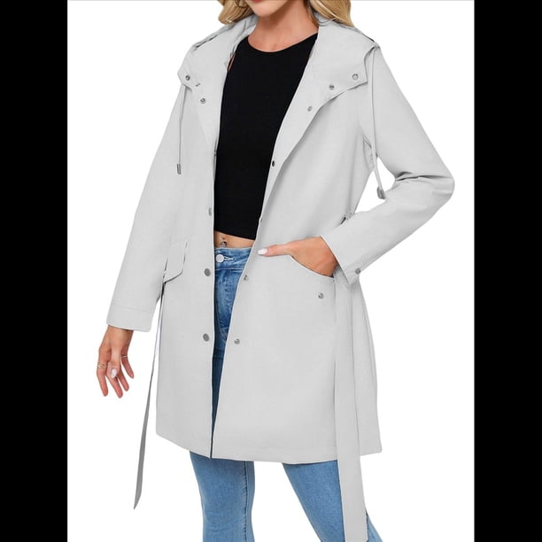 Chaqueta Impermeable con Capucha Clásica para Mujer, con Cinturón y Cordón para Actividades Al Aire Libre, Cortavientos Gris L