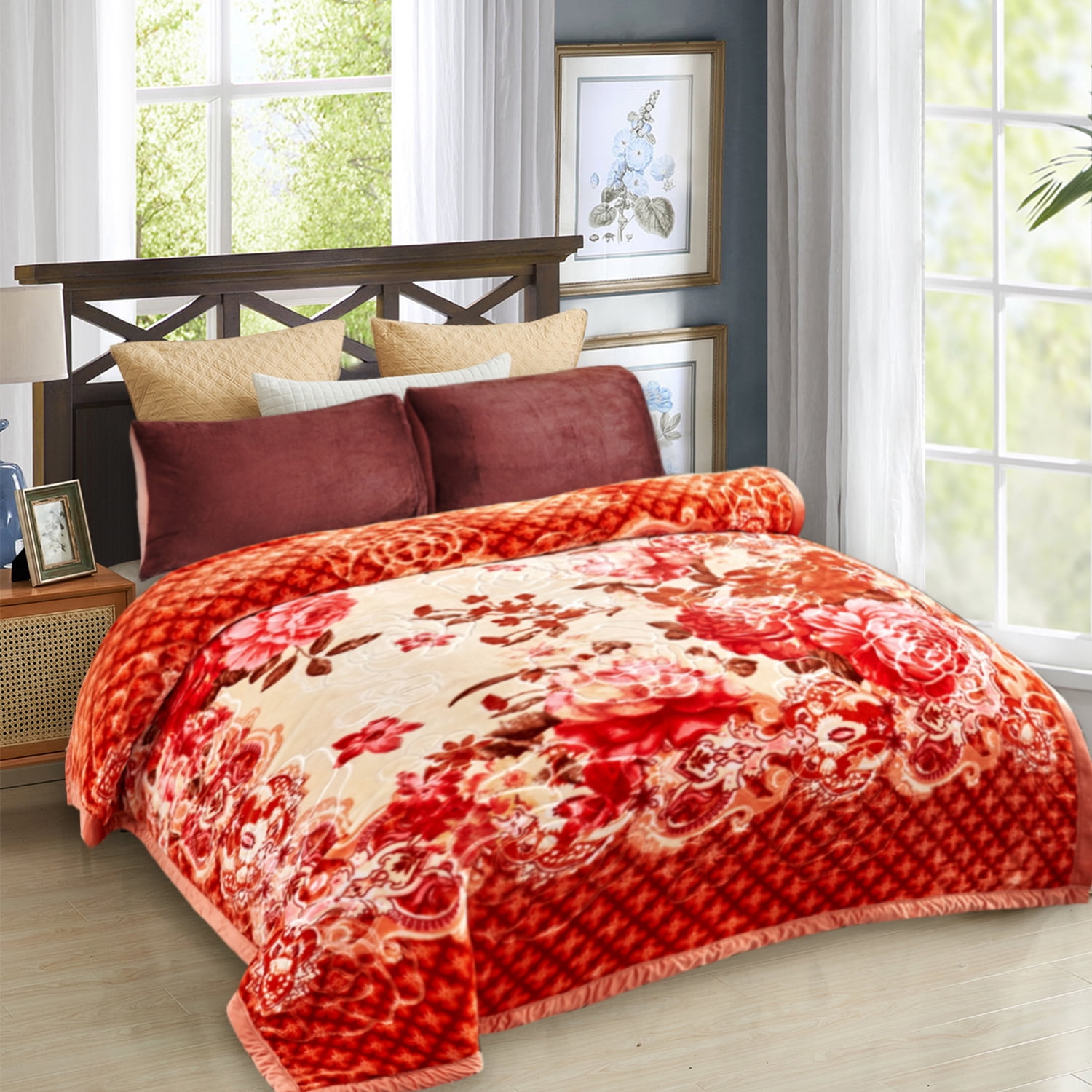 NC Fleece Bed Blanket Queen Orange Floral,2 Ply Thick Warm Plush Blanket,79" x 89",5.3lb