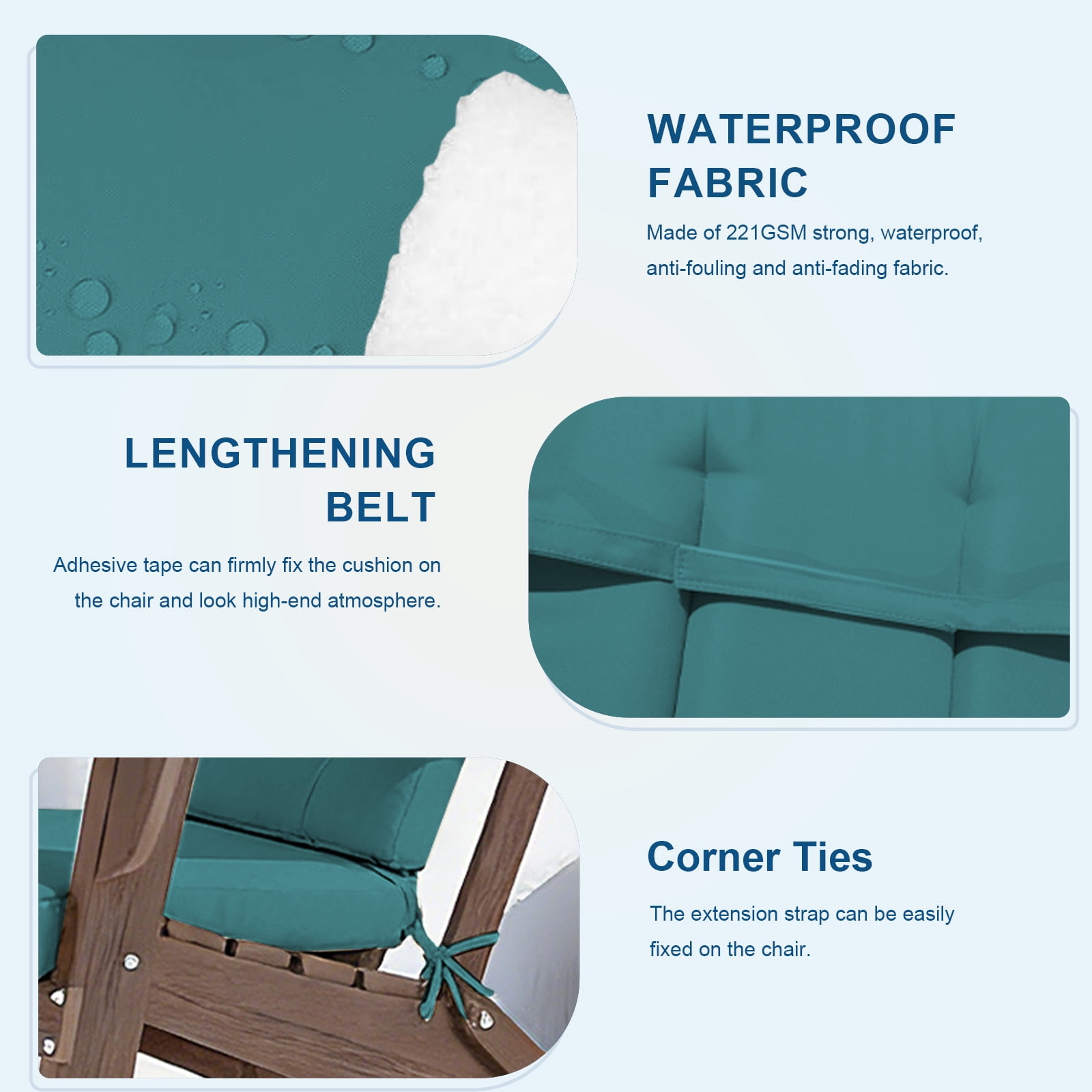 Adirondack Chair Cushion Thin Waterproof Anti-Slip with Straps, Weather-Resistant Indoor Outdoor Patio Seat Pad, Peacock blue,2PCS