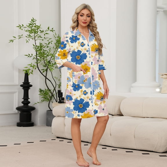 Zipper Robes for Women Collar 3/4 Sleeve Bathrobe Knee Length Housecoats Casual Duster Nightgown with Pockets