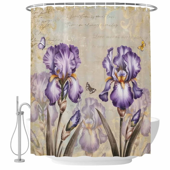 Purple Iris Shower Curtain Set - 48" x 72" Washable Bathtub Curtain with 12 Hooks, Spring Vintage Flowers Butterfly Leaves Khaki Waterproof Fabric Stall Shower Curtains for Bathroom/Bathtub Décor