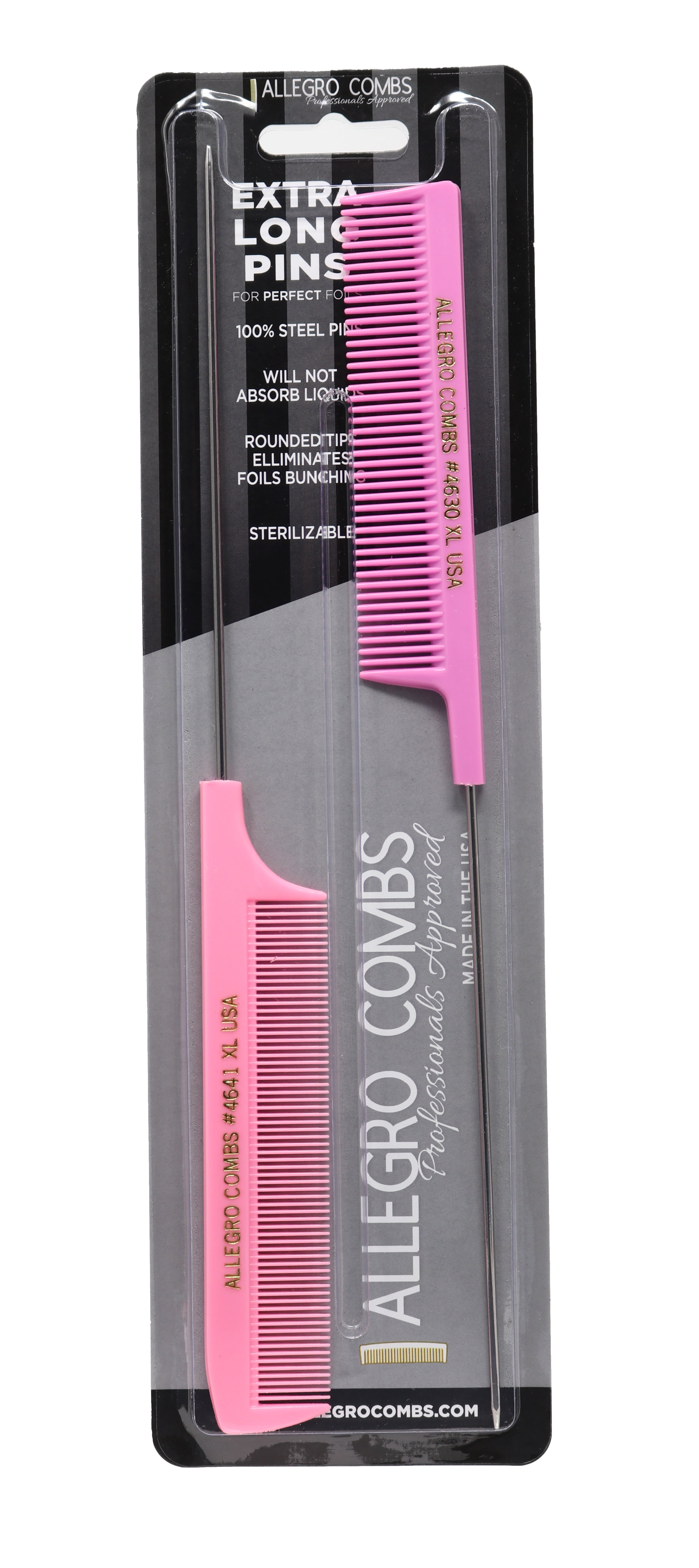 Allegro Combs XL Pintail Rat Tail Combs Parting Combs Metal Tail Foiling Combs Pink 2 Pc
