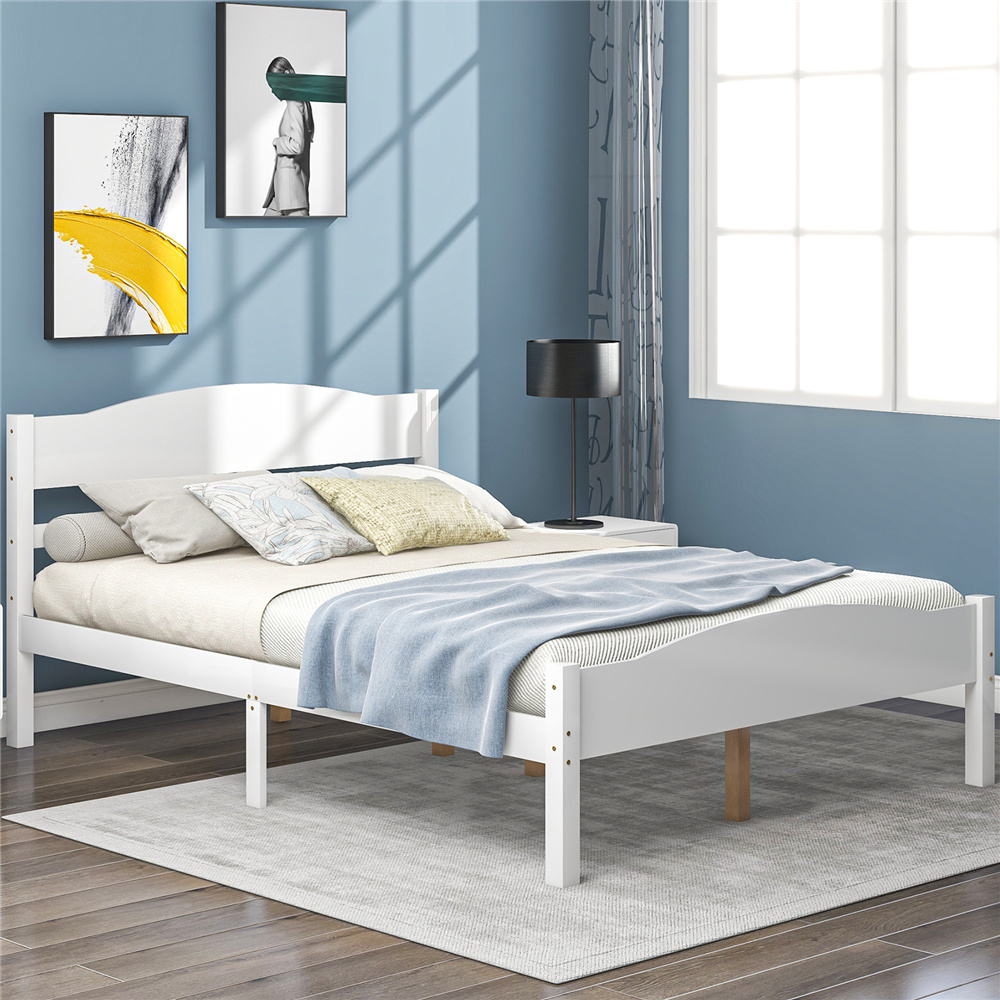 White Full Bed Frame, Wood Full Platform Bed Frame with Headboard