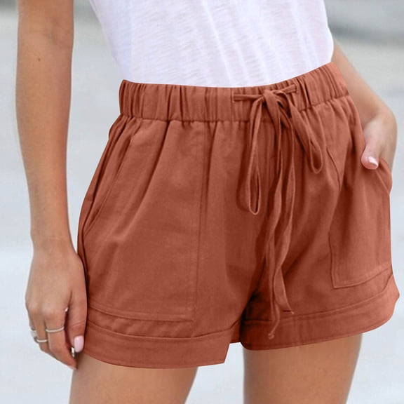 Linen Shorts for Women Casual Summer Elastic High Waisted Wide Leg Short Pants with Pockets Saffron L