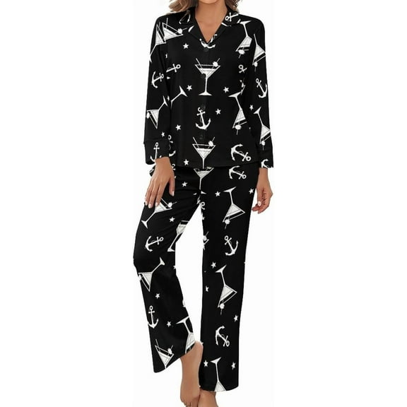 Top-kevin Martini Stars Pattern Women's Long-Sleeve Shirt And Full-Length Bottom Pajama Set