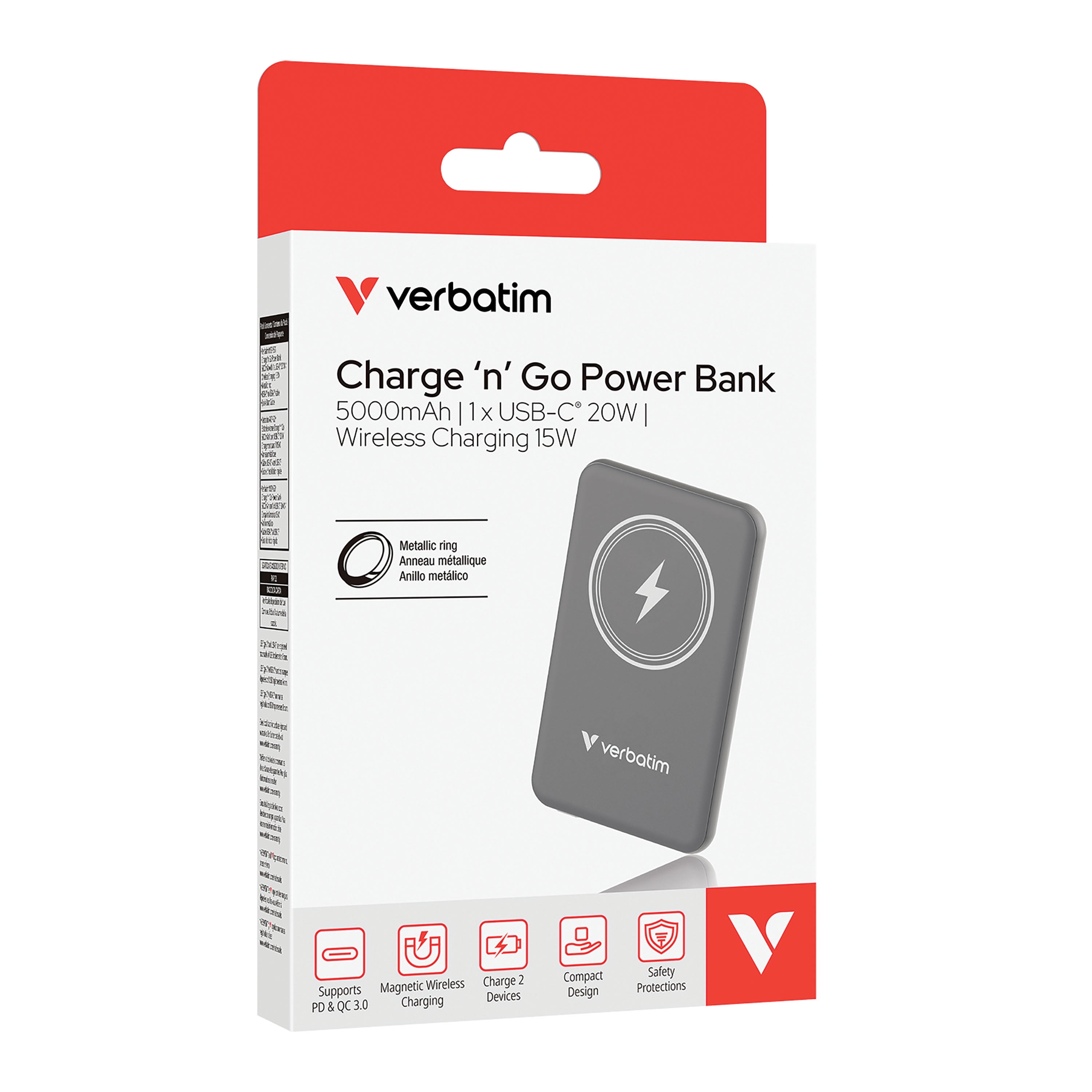 Verbatim Charge 'n' Go Magnetic Wireless Power Bank 5000 mAh - Gray