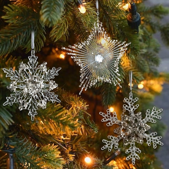 Xihbxyly Colgante Acrílico Navideño con Diseño de Copo de Nieve, Adorno de Lentejuelas Transparentes, Colgante para Árbol Festivo, Reflejo de Luz Mágico, Decoración para Fiestas, 3 Tamaños Disponible