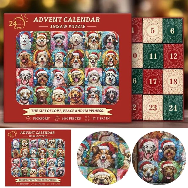Countdown Calendar Puzzle Toy Happy Christmas Dogs Puzzle 1000 Advent Calendar 2024 Christmas Countdown 24 Days Calendar Family Game Night Puzzle Toy Clock for Classroom Large Timer Small Digital