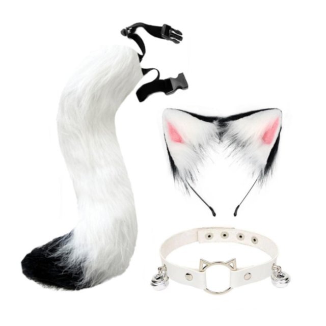 Orejas y cola larga falsas, regalos divertidos para mujeres y niñas, diadema para cosplay, baile de graduación blanco