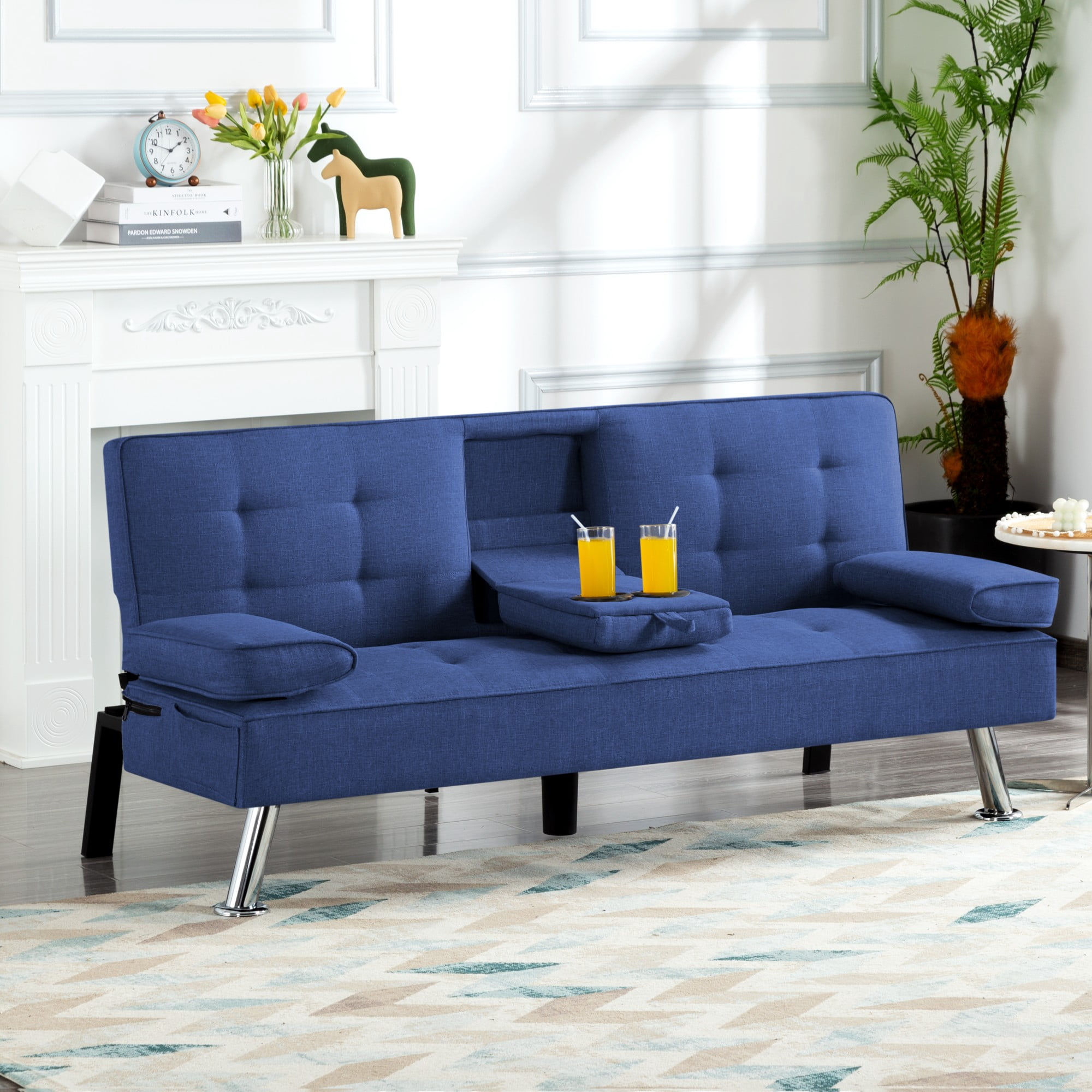 Gewnee 65.3" 3‑in‑1 Convertible Futon Sleeper Sofa, Polyester Foldable Sleeper Couch with Adjustable Backrest,Sofa Bed with Cup Holders & Storage Bag for Small Apartments，Navy Blue