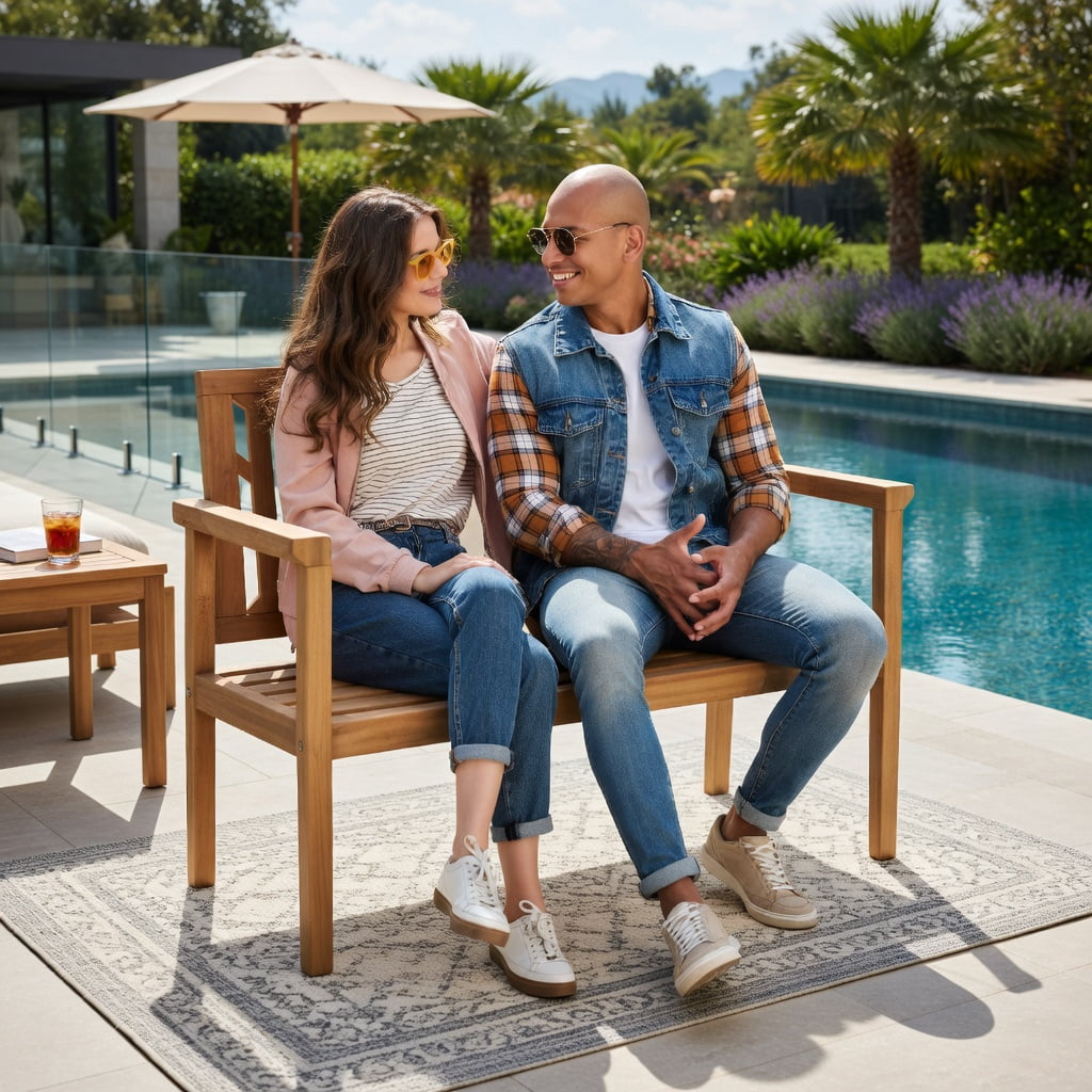 Hommoo 2-Person Outdoor Teak Wood Garden Bench with Ergonomic Backrest & Armrests, Weather-Resistant Patio Seating for Yard, Porch, Poolside, Natural
