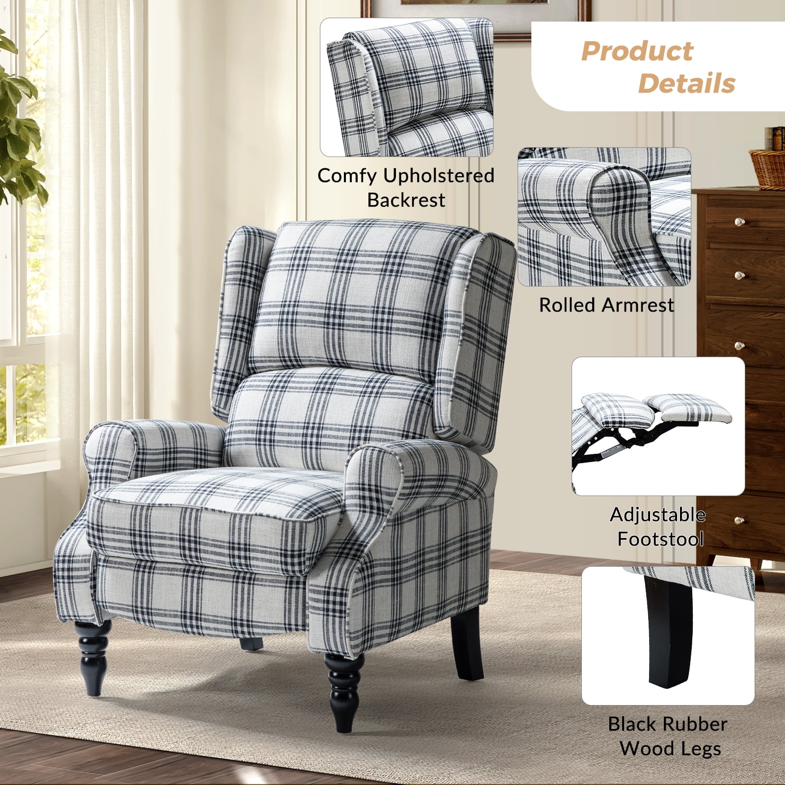 Tina's Home GREENGUARD Certified VintagePlaid Black Wingback Manual Push Back Recliner Chair Set of 2 for Living Room