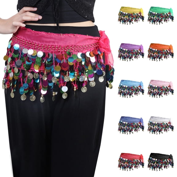 IQOGKRN Women's Colorful Sequin Belly Dance Hip Scarf with Metallic Sequin Adjustable Tassel Waist Wrap Belt for Carnival, Festival & Performance Black One Size