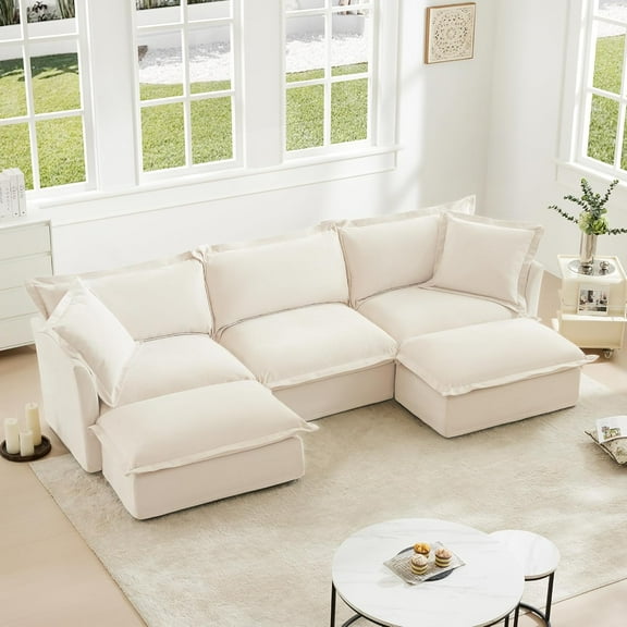 120" Oversized Modular Sectional Sofa, Convertible U Shaped Couch, Comfy Cloud Couches for Living Room, 4 Seat Deep Upholstered Chenille Sofas with Washable Covers, Reversible Ottomans, Beige