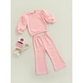 thumbnail image 3 of Qiylii Baby Girls Solid Color Outfit Lantern Sleeve Round Neck Sweatshirt + Flared Pants, 3 of 9