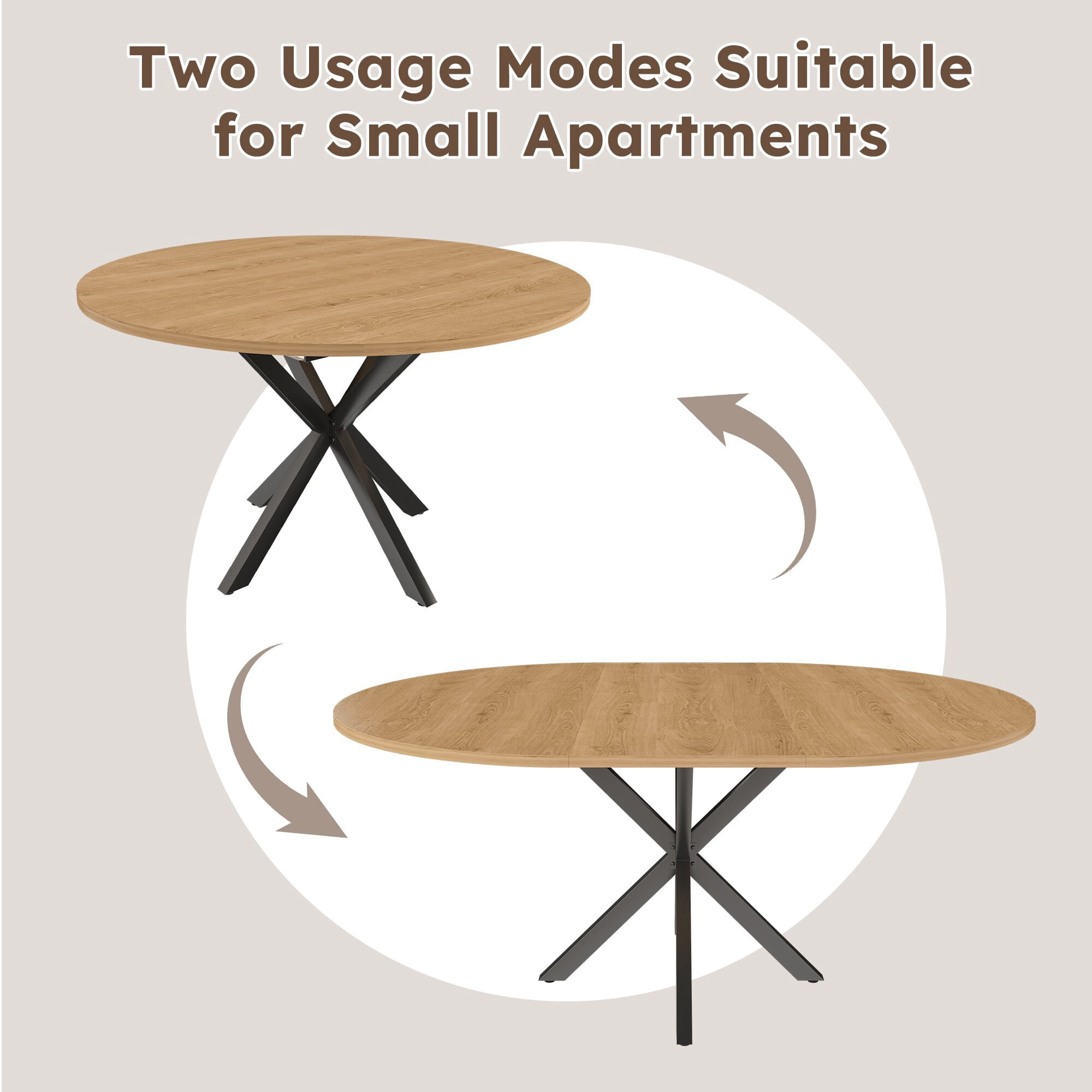 AENKYO 42"-58" Expandable Round Dining Table, Natural Wood Color Top & Black X-Base Pedestal, Seats 4-6