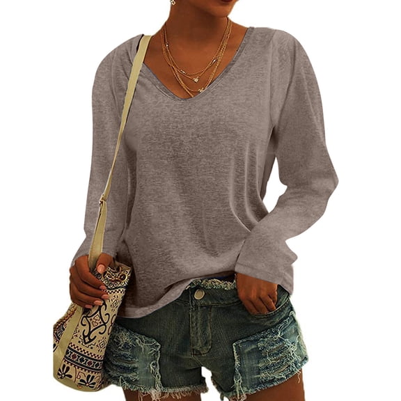 CQONEPT Tunic Tops for Womens V Neck Long Sleeve Shirts Lounge Solid Color Tunic Tops Fall Winter Tops Brown S