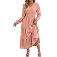 thumbnail image 4 of Zpanxa Winter Dresses for Women, V Neck Long Sleeve Smocked Waist Tiered Ruffle Hem Midi, 4 of 9
