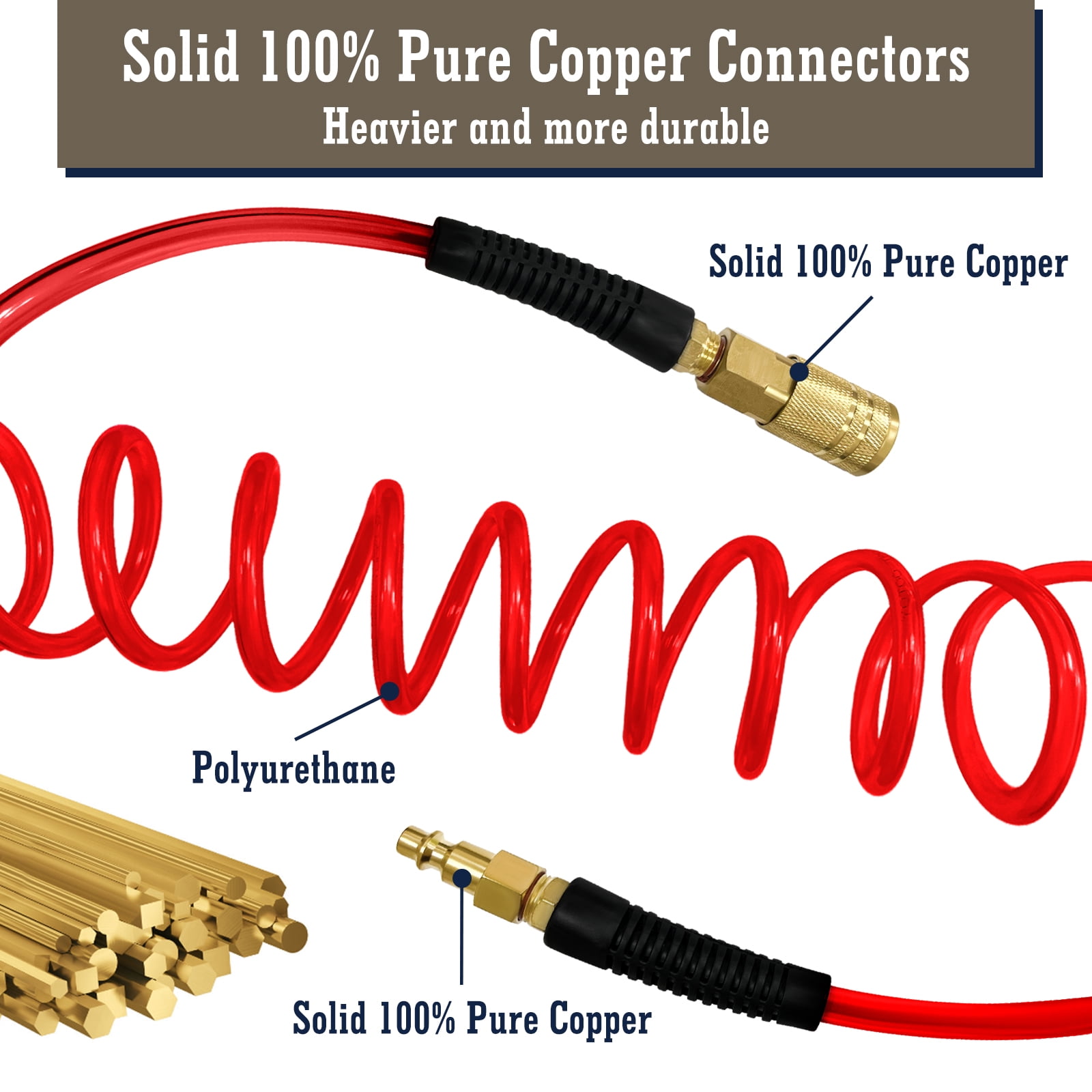 AGALI 1/4 in x 50 ft Polyurethane Air Hose with Bend Restrictor , Air Compressor Hose with 1/4 Solid 100% Pure Copper Quick Connect Fittings and I/M Plug Kit, Coiled PU Air Hose 1/4", Red