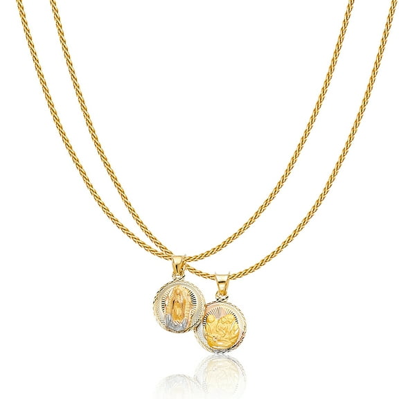 14K Tri Color Gold Diamond Cut Double Side Stamp Virgin Mary Baptism Charm Pendant with 0.9mm Wheat Chain Necklace - 18"