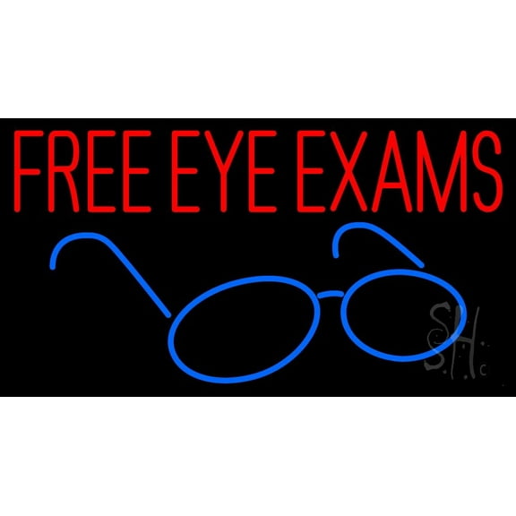 Free Eye Exams LED Neon Sign 13 x 24 - inches, Black Square Cut Acrylic Backing, with Dimmer - Bright and Premium built indoor LED Neon Sign for Defence Force.
