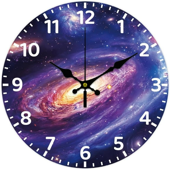 12inch Universe Galaxy Wooden Wall Clock Battery Operated Silent Non Ticking Round Decorative Clock for Office Home Living Room Bedroom Bathroom Kitchen Decor Galaxy