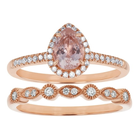 14k Rose Gold Pear Shape Morganite and 1/4 Carat Diamond Halo Vintage Engagement 2 Ring Set with Wedding Band (H-I, SI2-I1)