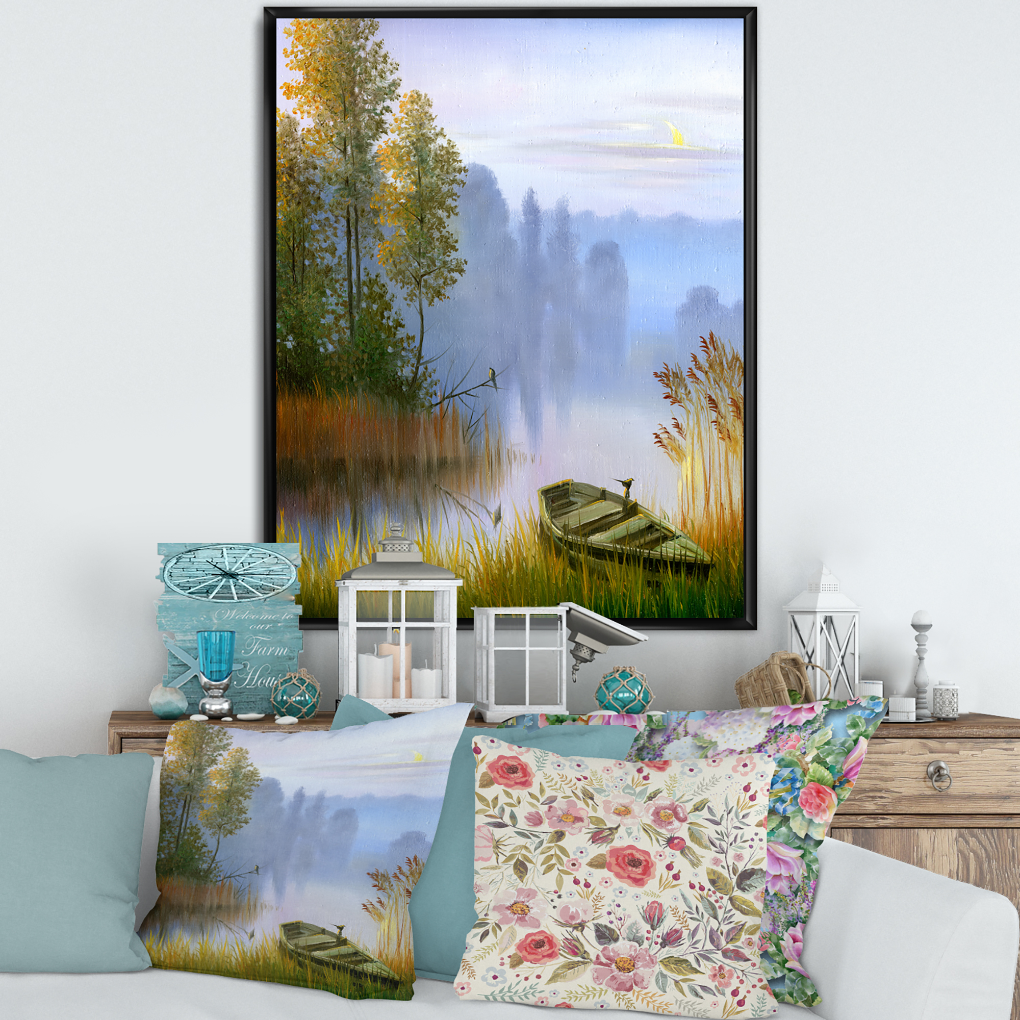 The Bank Of The Lake With The Boat 12 in x 20 in Framed Painting Canvas Art Print, by Designart