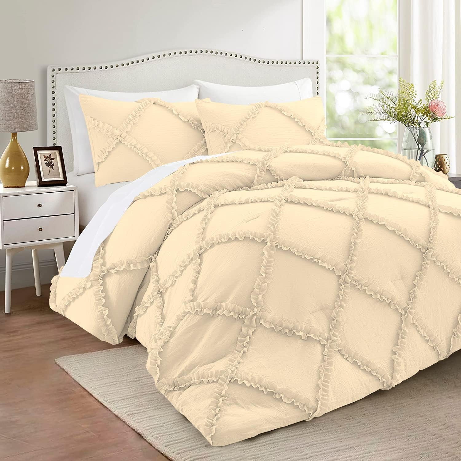 Duvet Cover Diamond Ruffle with Zipper Closure 1 Piece Full/Queen Size (90" x 90") Inches 100% Cotton 800 TC Premium Hotel Class Decorative Bedding with Corner Ties - Ivory Solid