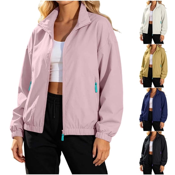 Women's Windbreaker Jackets without Hood Full Zip Stand Lapel Collar Windproof Waterproof Nylon Fall Coat (XL, Pink)