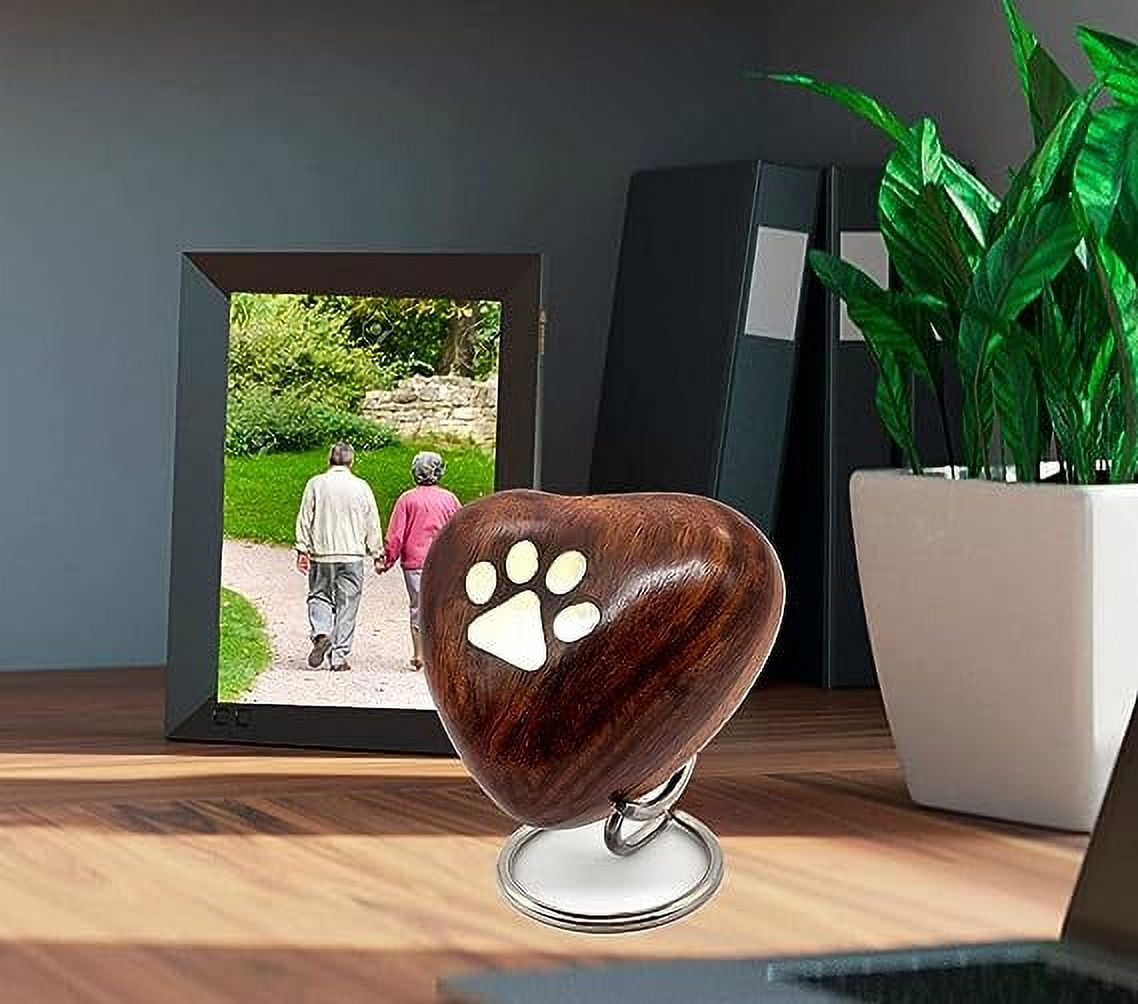 Wooden Heart Keepsake Urn - Mini Ash Urn Small Handcrafted Cremation Urn for Ashes - Tribute to Your Loved One - Perfect for Pets with Free Premium Velvet Box & Display Stand (Wooden Urn)