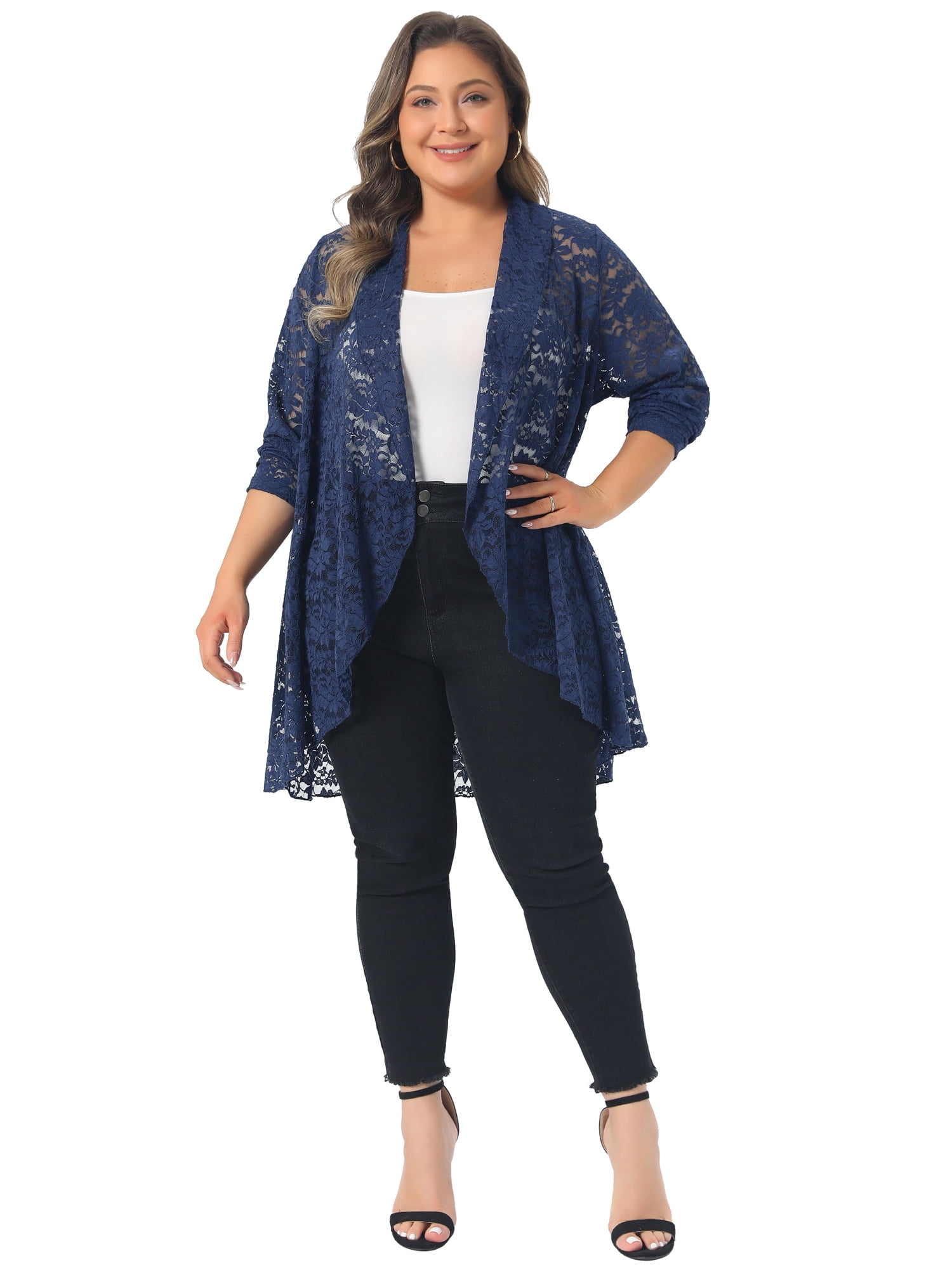 DARING DIVA Women's Plus Cardigan Open Front  Sheer Lace Crochet Cover Up 2X Navy Blue