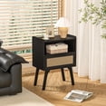 thumbnail image 5 of LELELINKY 2pc Rattan Nightstand with Charging Station, Boho Bedside Table with Drawer and Open Shelf, Solid Wood Legs, Black New, 5 of 7