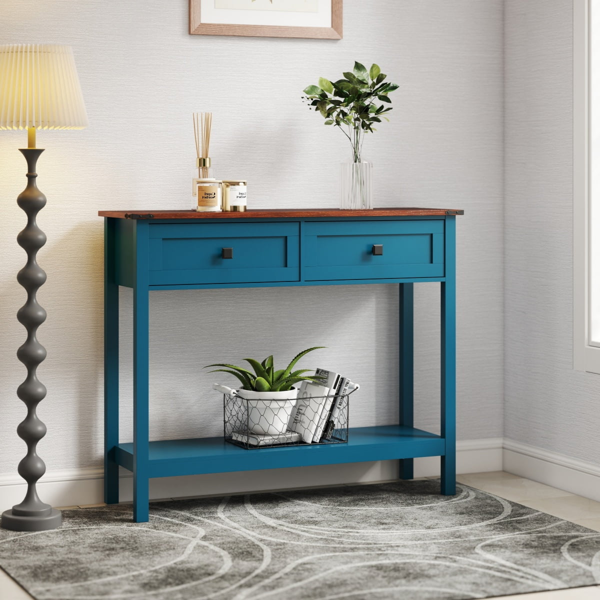Console Table with Storage, Farmhouse Entryway Table, Rustic Sofa Table with 2 Drawers and Bottom Shelf for Living Room, Hallway, Foyer, Antique Blue