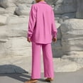 thumbnail image 5 of YOIAVAIOY Women's 2 Piece Holiday Set Long Shirts and Wide Leg Pants Beach Suit Casual Solid Sets Fall Matching Lounge Outfits Hot Pink M, 5 of 9