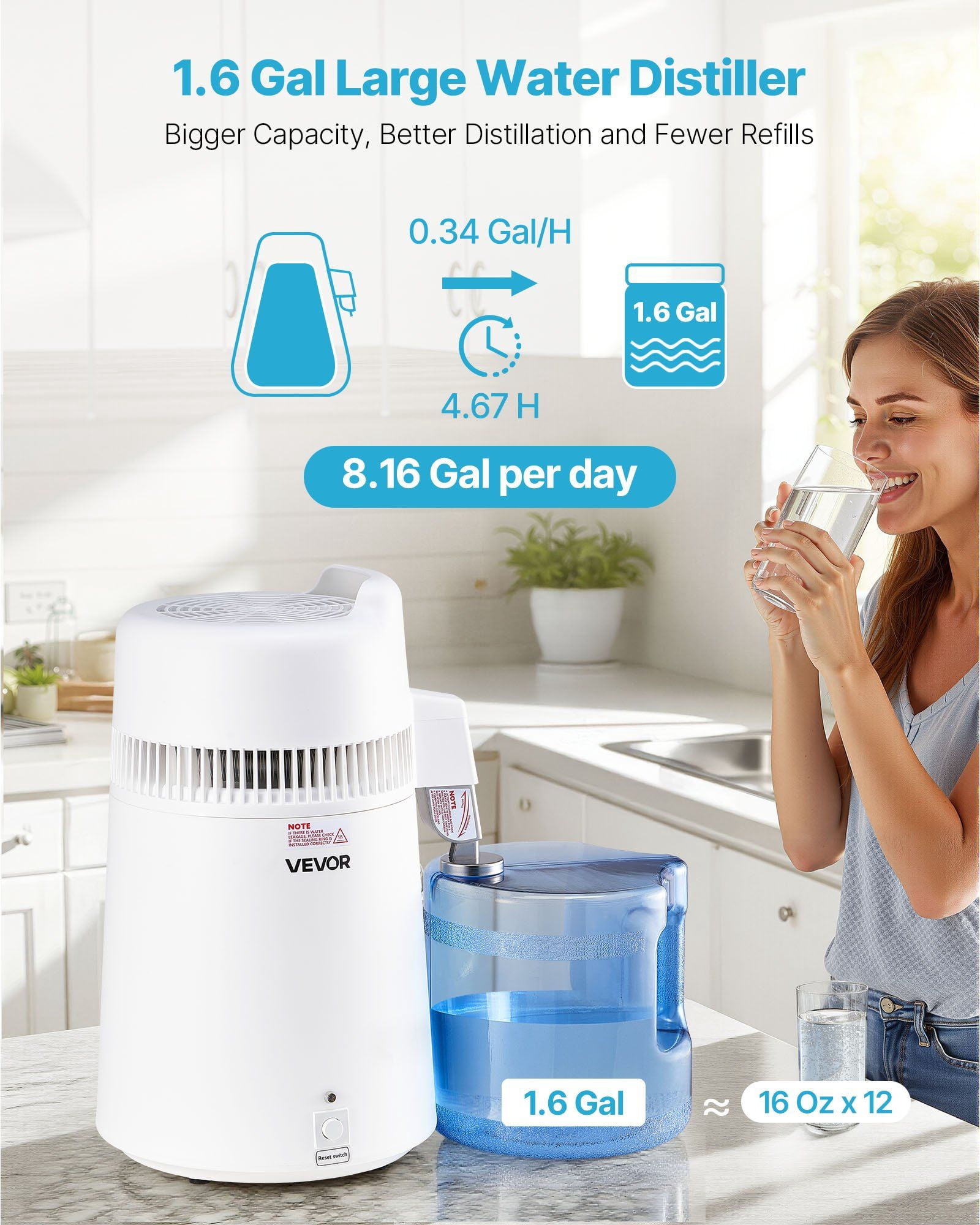 6L Stainless Steel Water Distiller, 900W Automatic Home Purifier Machine, Countertop Design with Plastic Exterior