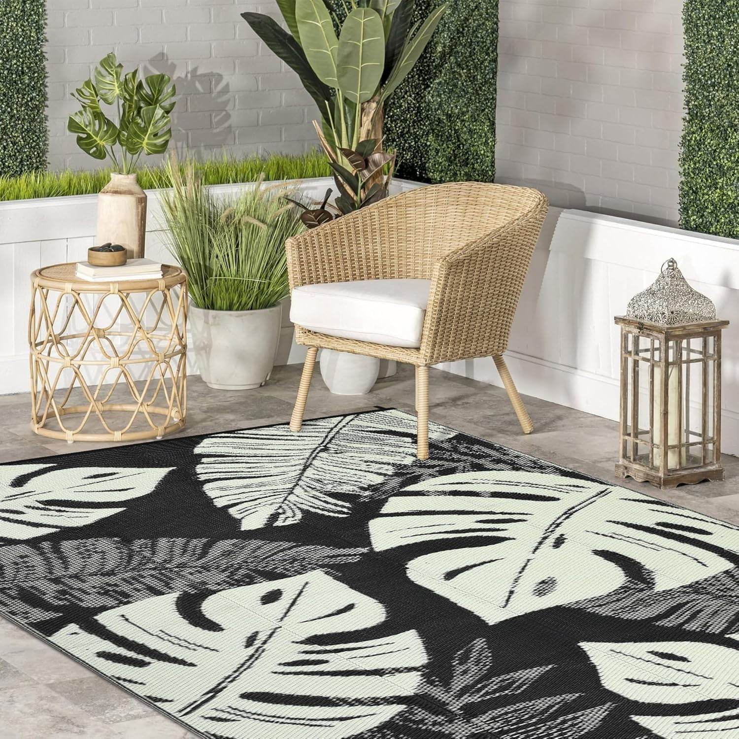 5*8ft/6*9ft/9*12ft/8*10ft/9*18ft/10*14ft/10*20ft Plastic Straw Rug Outdoor Rug Modern Leaves Area Rug Waterproof Patio Rug Outdoor Camping Rug for RV Porch Deck Camper Balcony Backyard